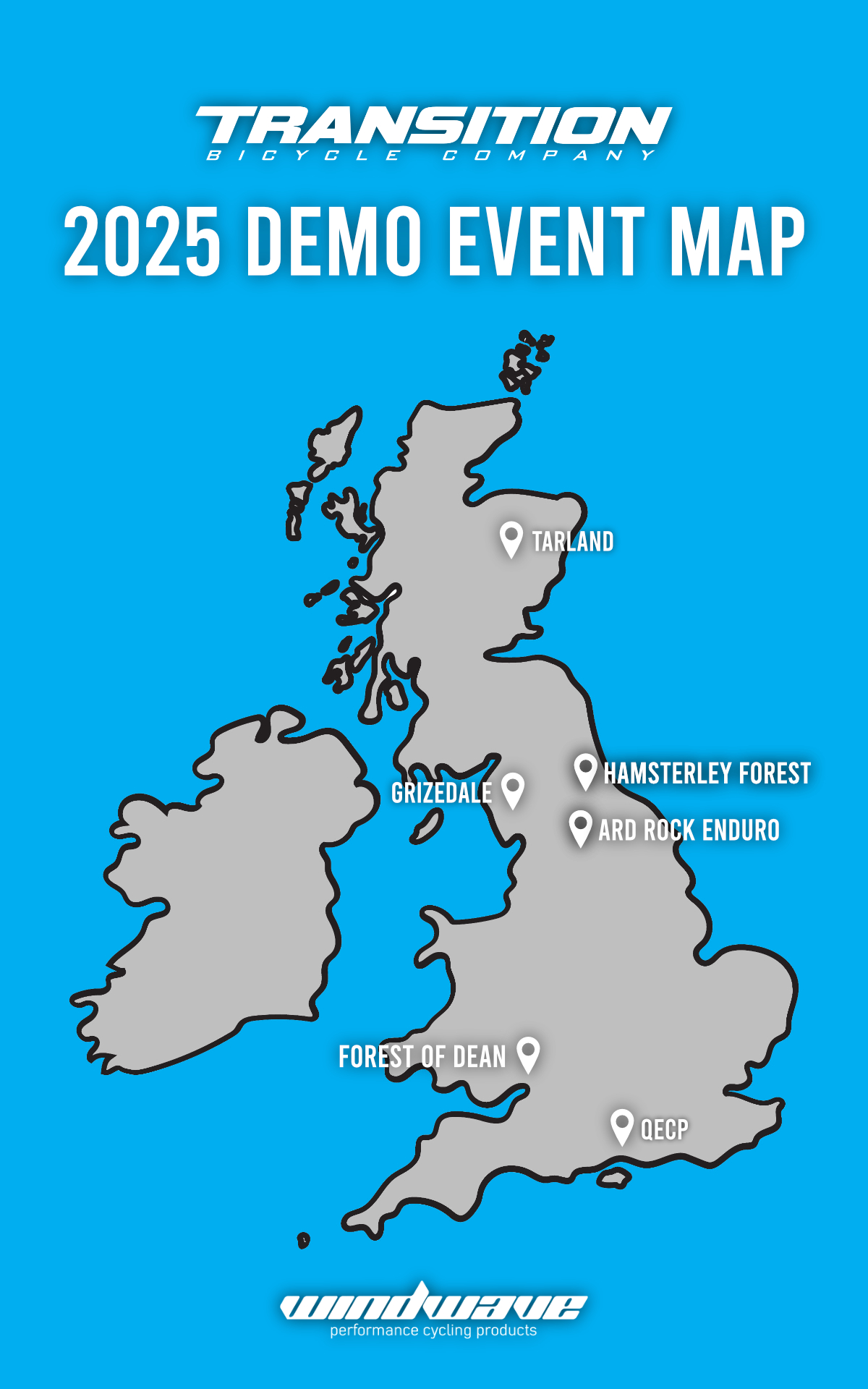 Map showing 2025 Transition Bikes Demo Events in the UK