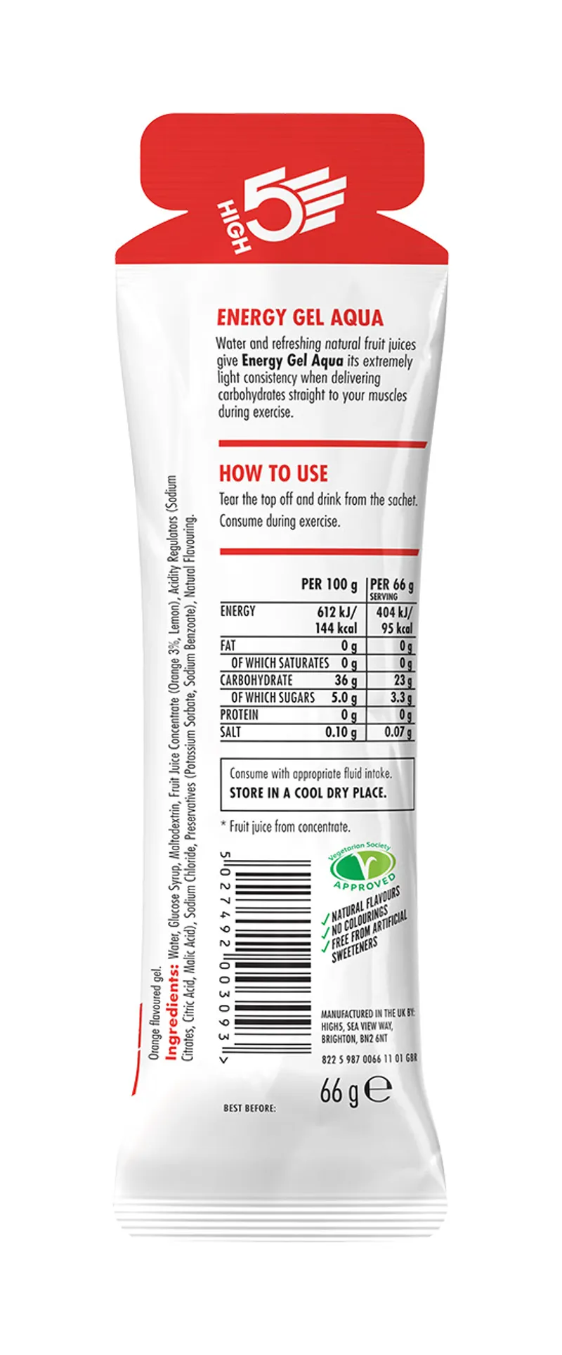 High5 Energy Gel Aqua x5 66g Orange Vegan Friendly-2